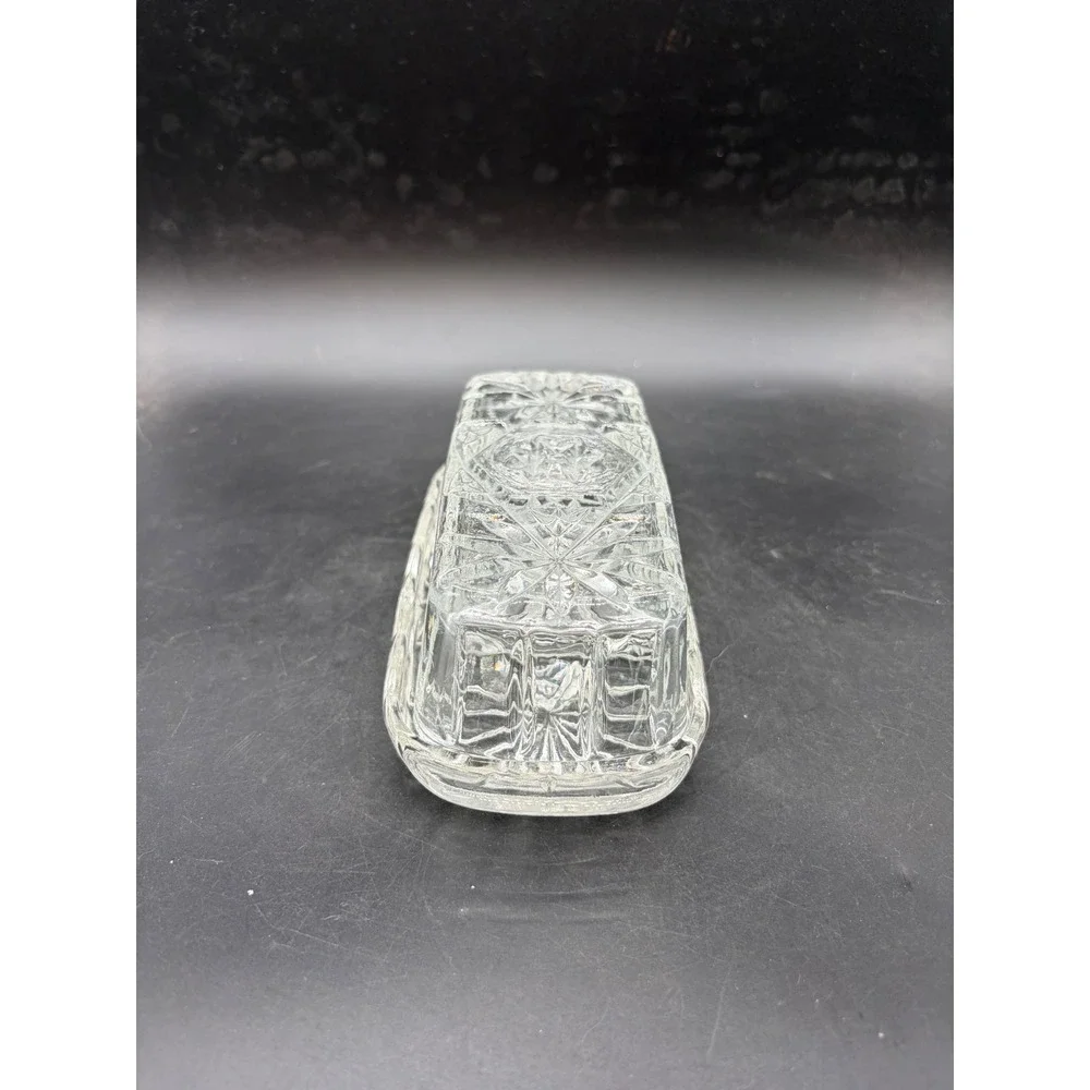 Vintage Clear Pressed Glass Butter Dish with Lid Starburst Pattern Rectangular